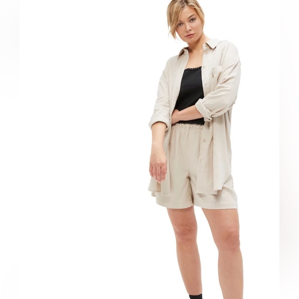 Ellos Tan Beige High Rise Linen Blend Elastic Waist Casual Pocket Shorts Size 20